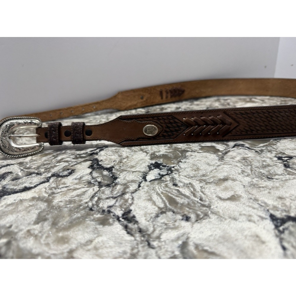 Justin Tappered Basketweave Leather Belt Sz 42 Silver Accents Western Cowboy USA